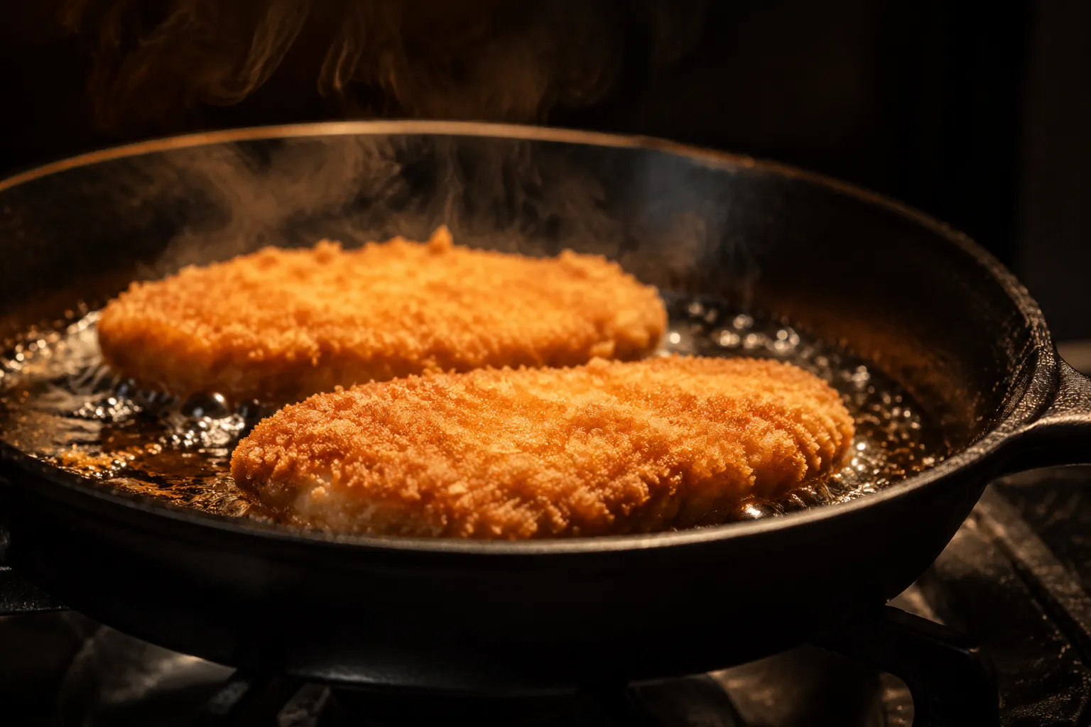 Frying chicken katsu cutlets in a skillet until golden brown