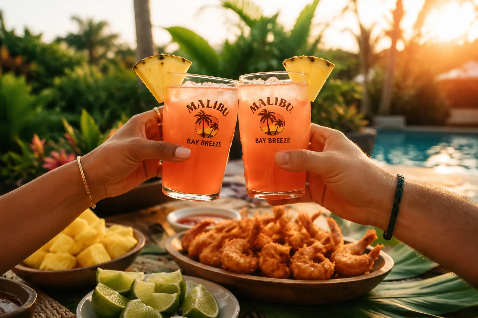 Two friends toasting with Malibu Bay Breeze cocktails on a sunny patio