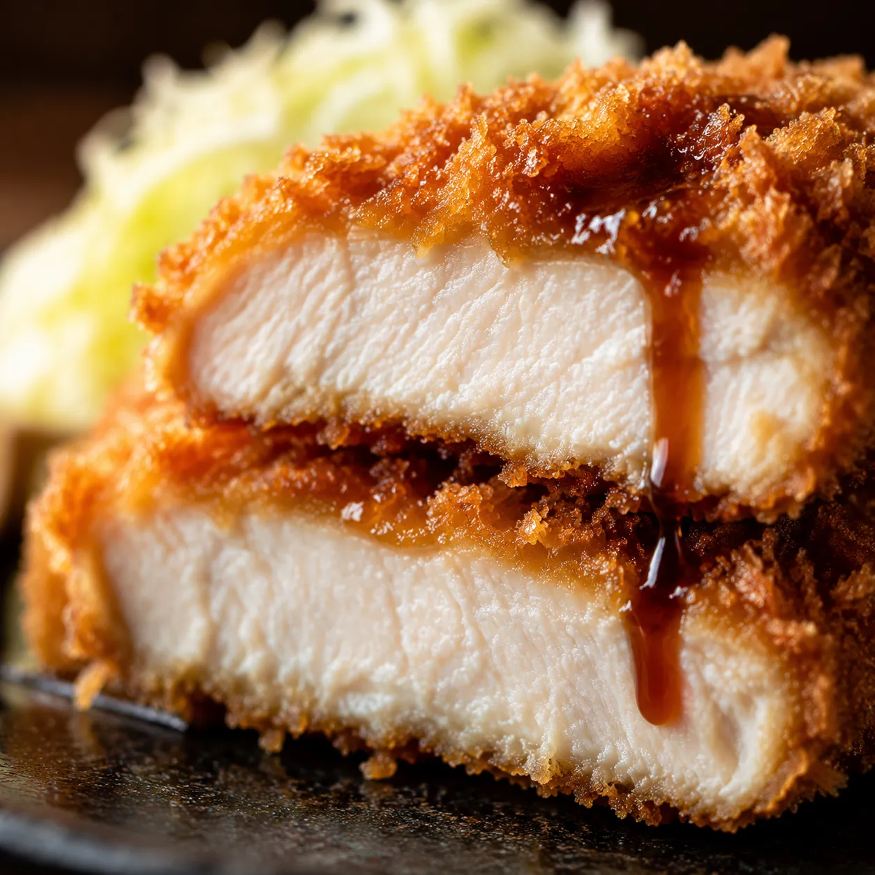 Macro close-up of crispy panko crust on chicken katsu
