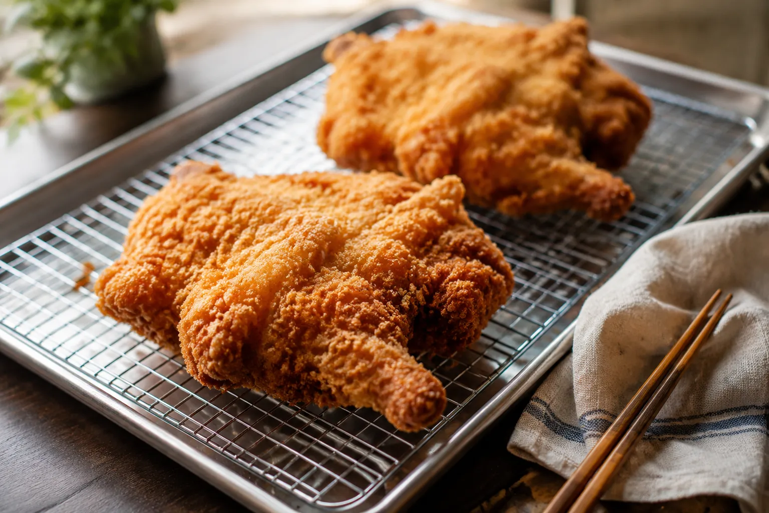 Crispy chicken katsu cutlets resting on a wire rack