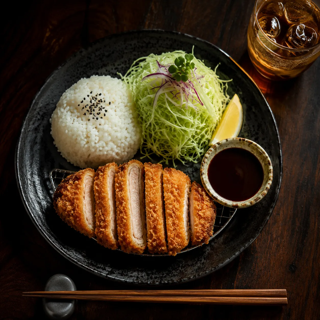 Chicken katsu served with rice, cabbage, and tonkatsu sauce