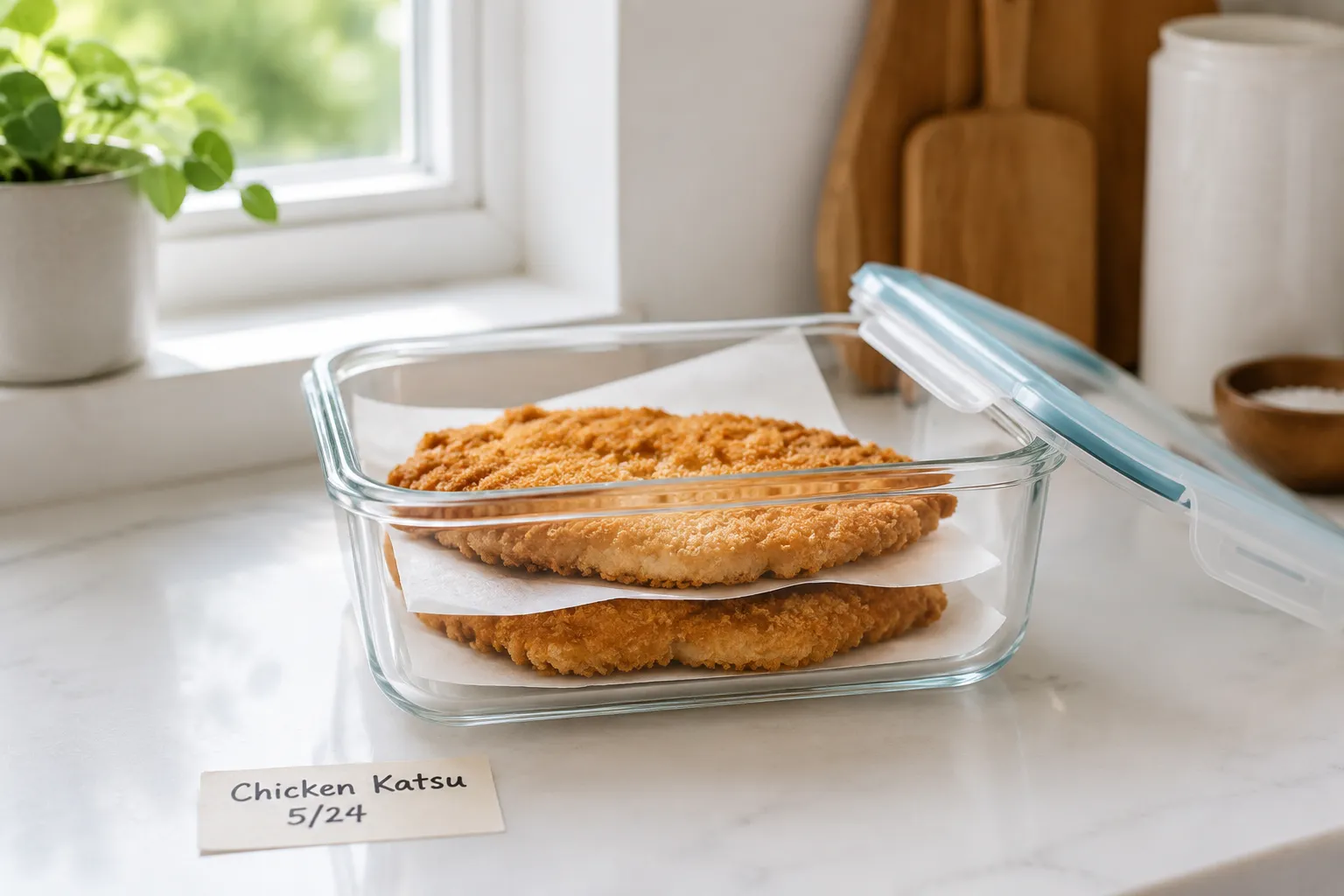 Storing leftover chicken katsu in a meal-prep container