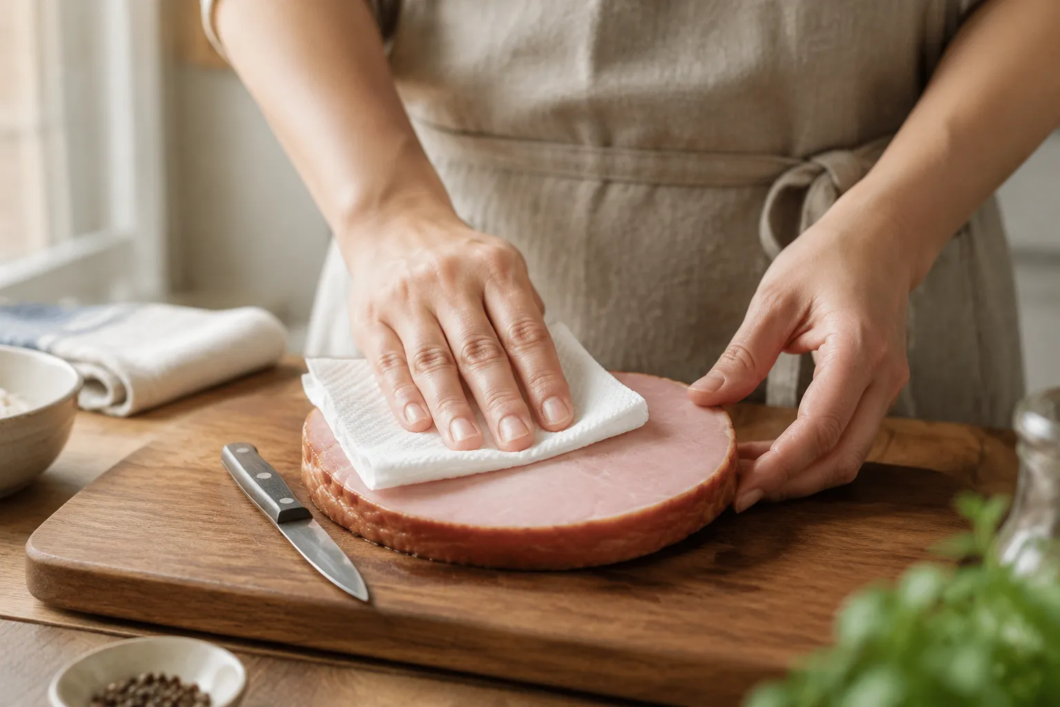 Patting ham steak dry before searing in a skillet