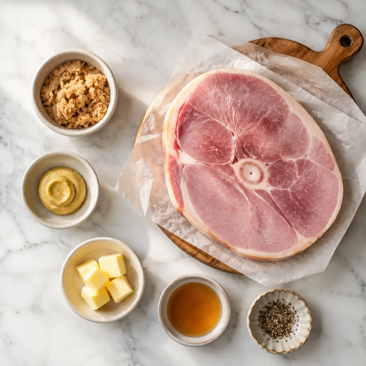 Ham steak recipe ingredients flatlay with brown sugar and Dijon