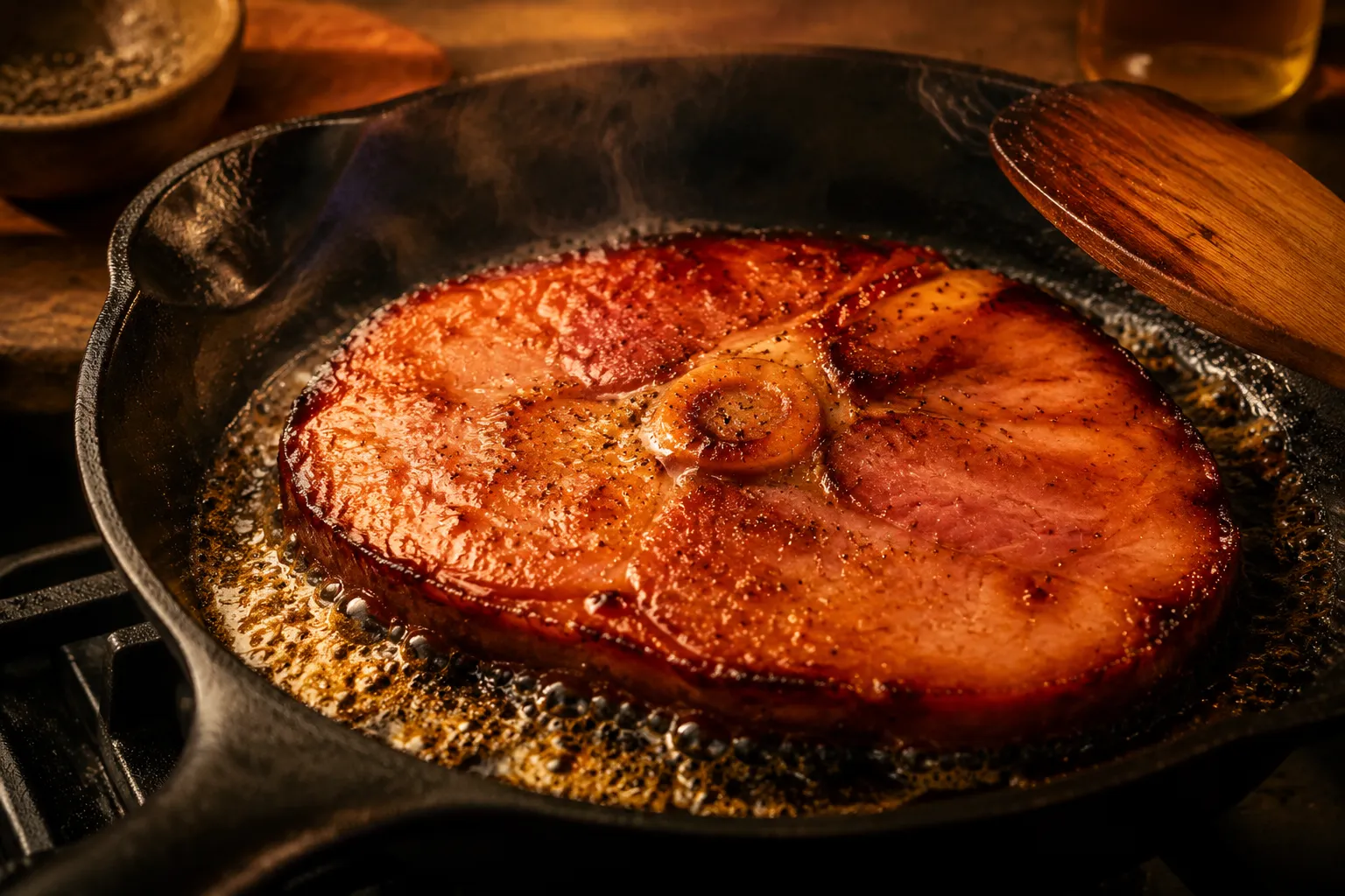 Searing ham steak in butter in a cast-iron skillet