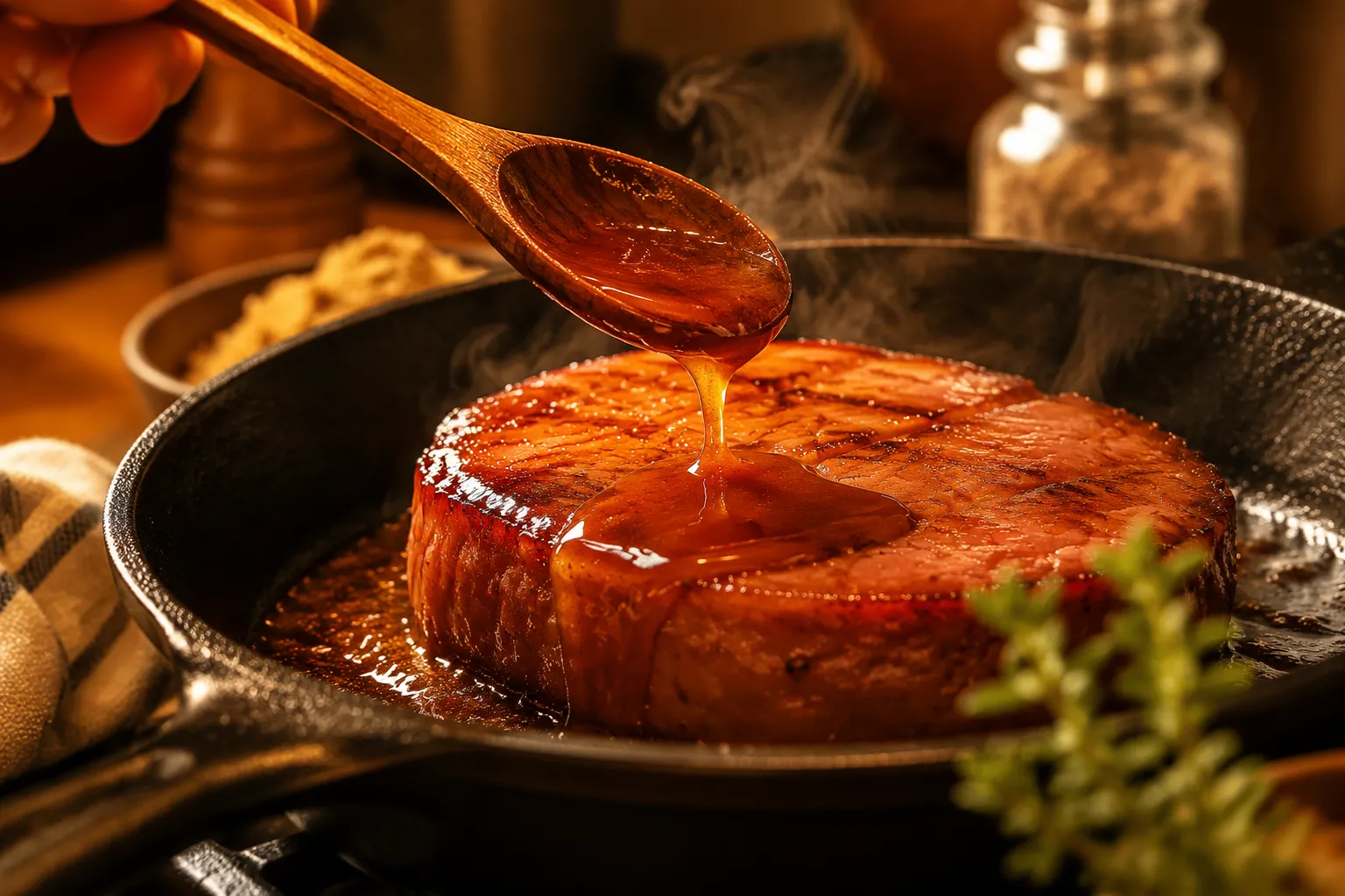 Spooning brown sugar glaze over ham steak in skillet