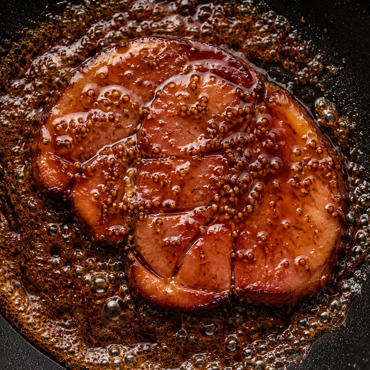 Brown sugar glaze bubbling around ham steak in skillet