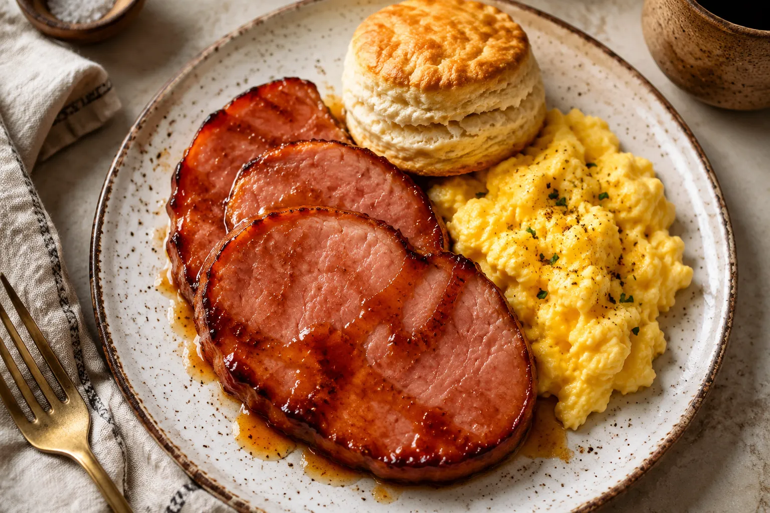Plated ham steak recipe with eggs and biscuits for breakfast