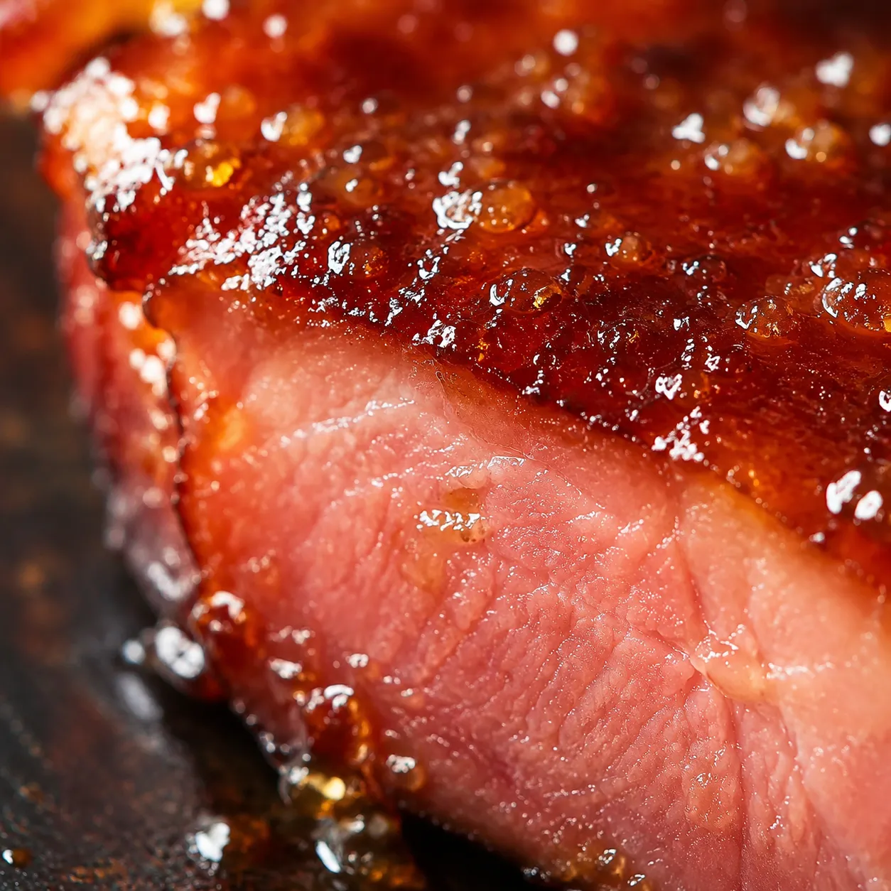 Close-up of caramelized glaze on juicy sliced ham steak