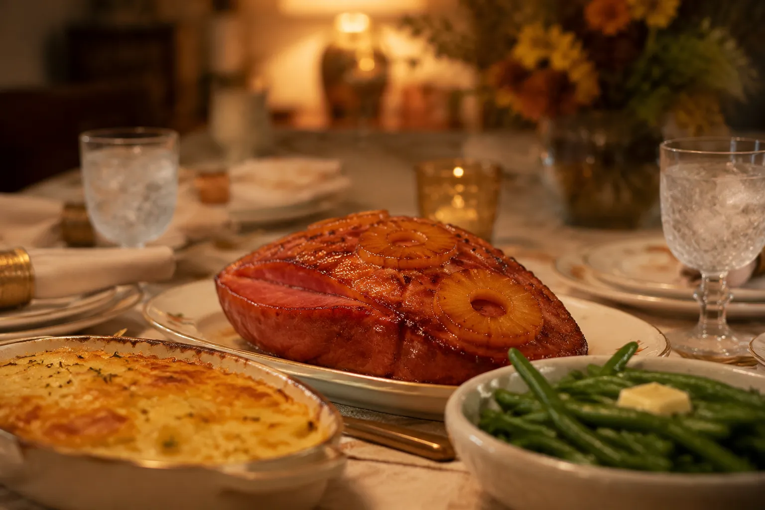 Ham steak dinner served with scalloped potatoes and green beans