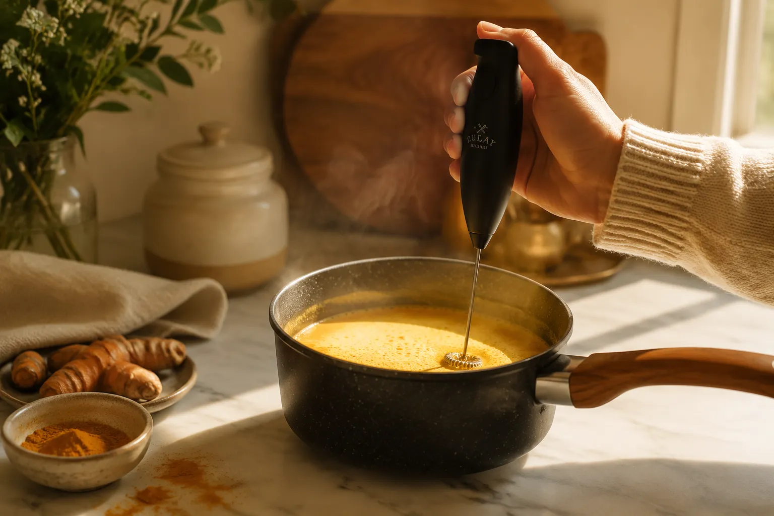 Frothing golden milk with handheld frother