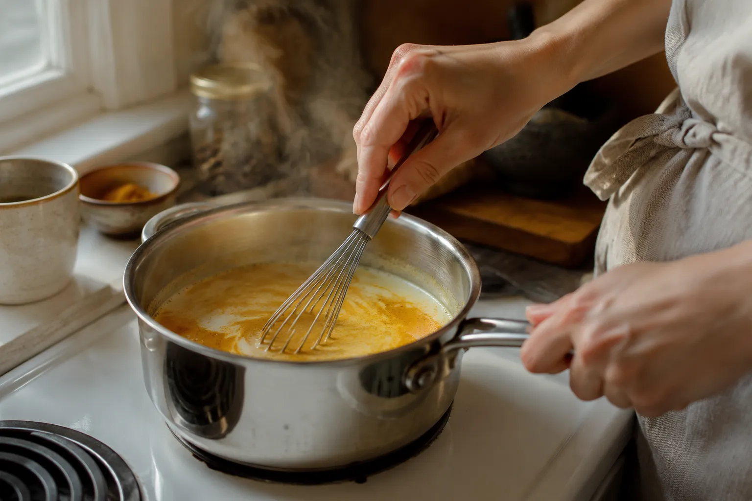 Whisking turmeric spices into milk for golden milk recipe