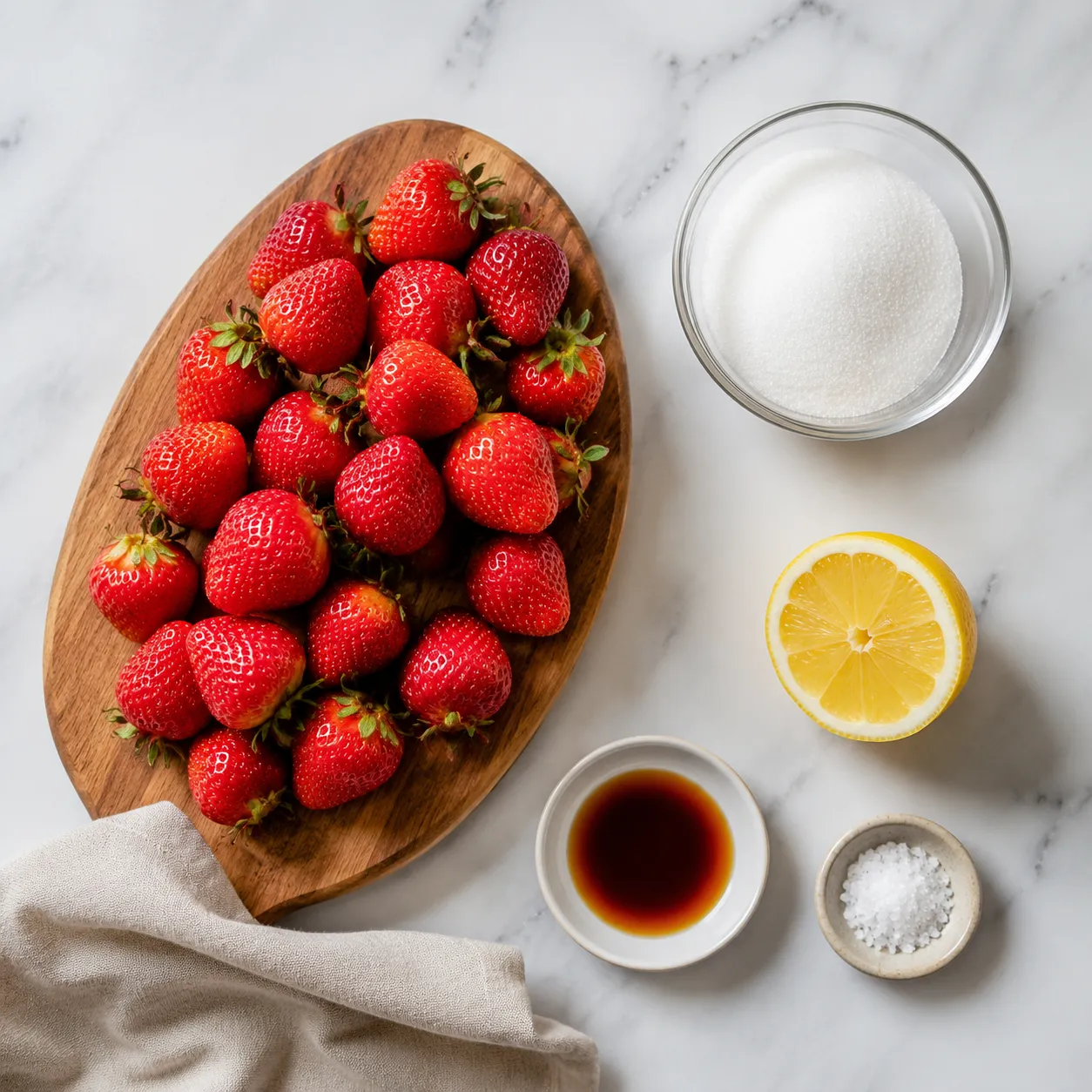 Fresh strawberries, sugar, lemon, and vanilla ingredients for strawberry sauce
