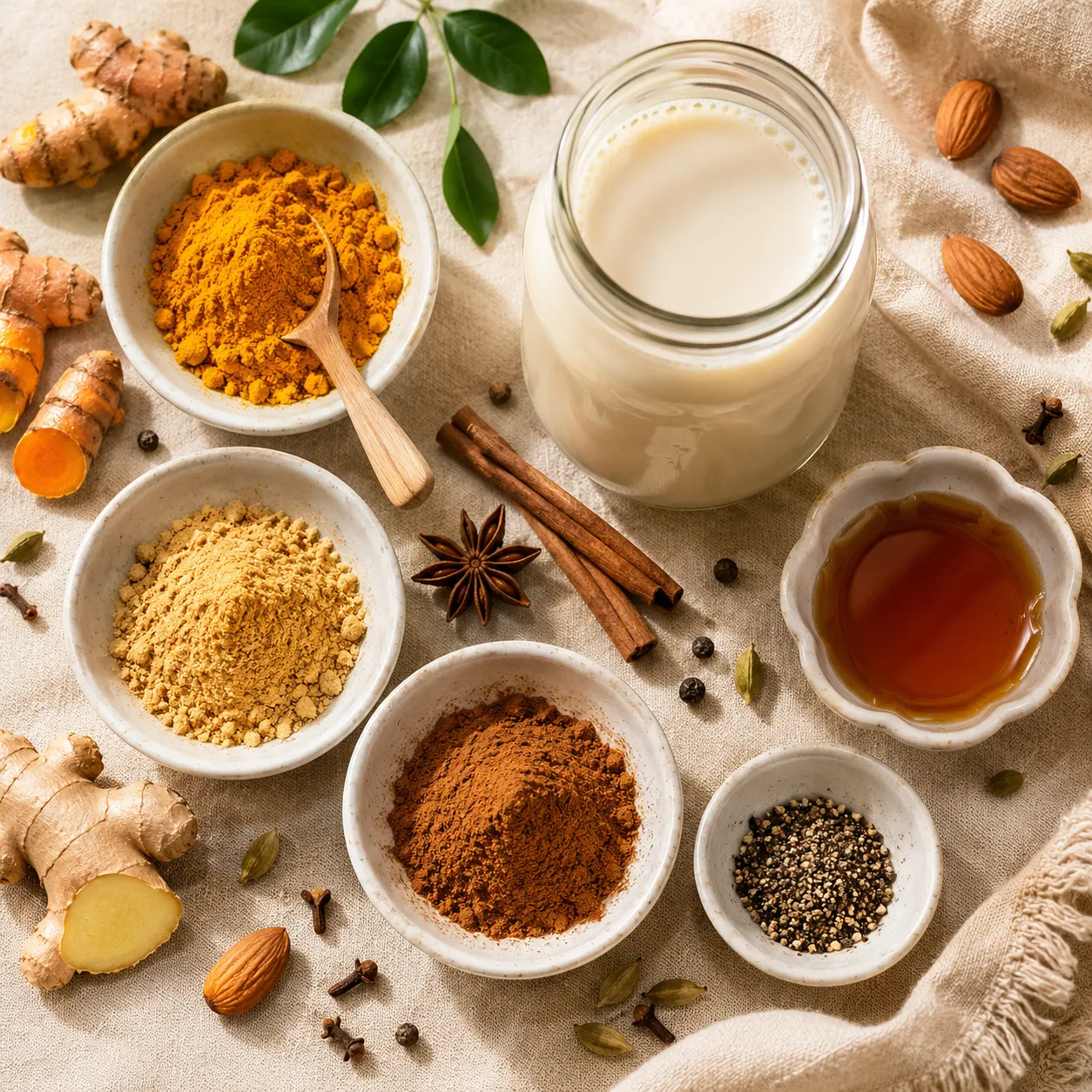Golden milk recipe ingredients flatlay with turmeric and spices