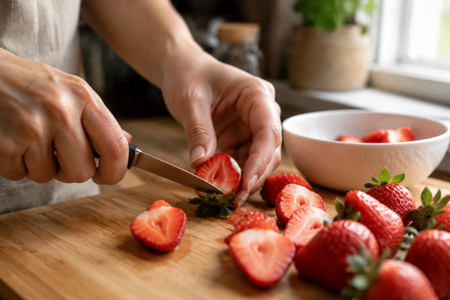Hulling and slicing fresh strawberries for homemade strawberry sauce