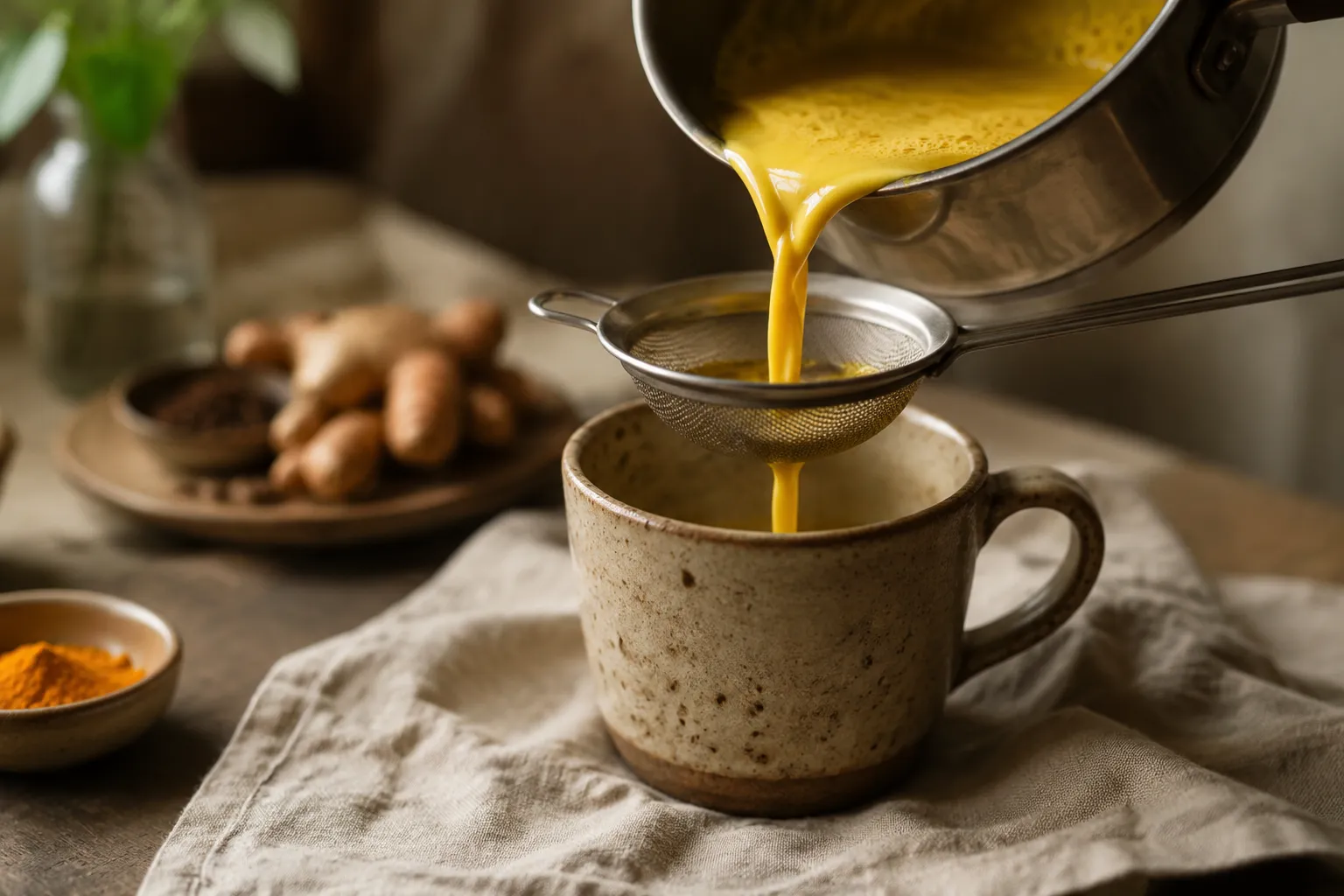 Pouring strained golden milk into a mug