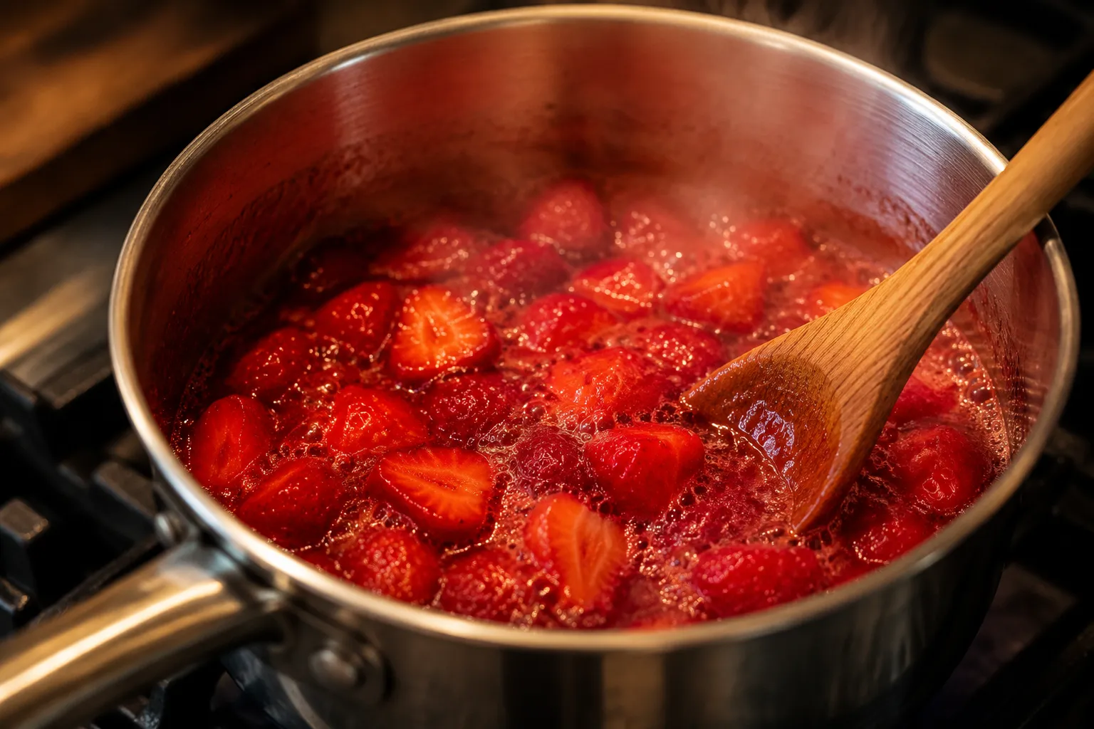 Strawberries simmering with sugar and lemon juice in a saucepan
