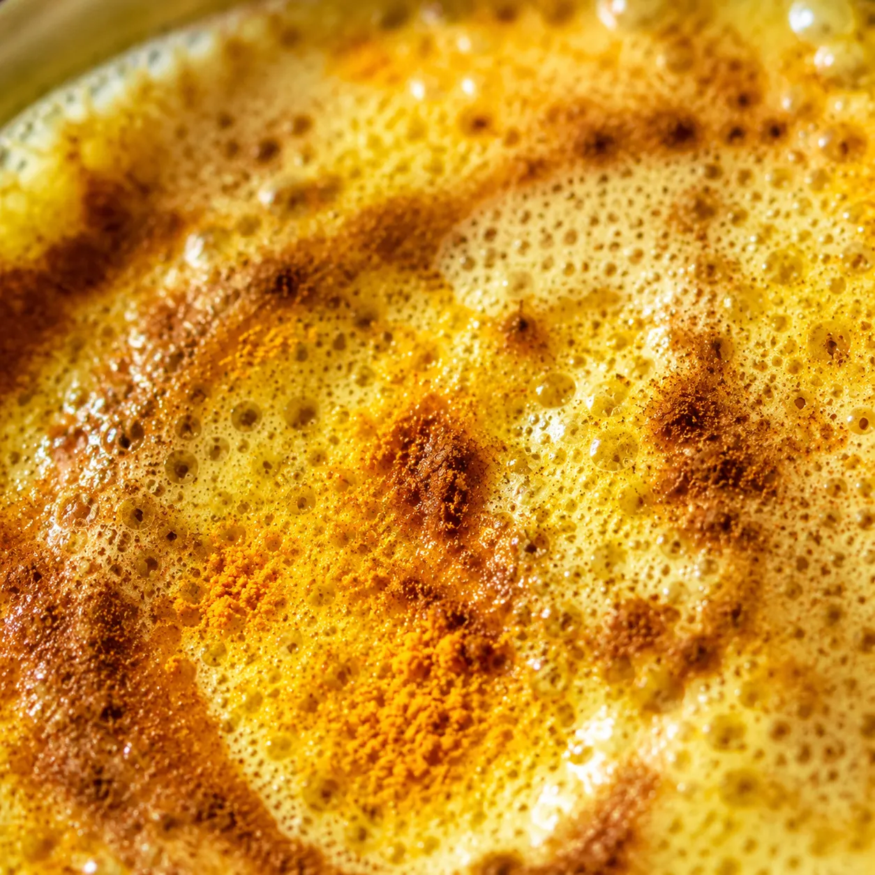 Macro close-up of frothy golden milk surface
