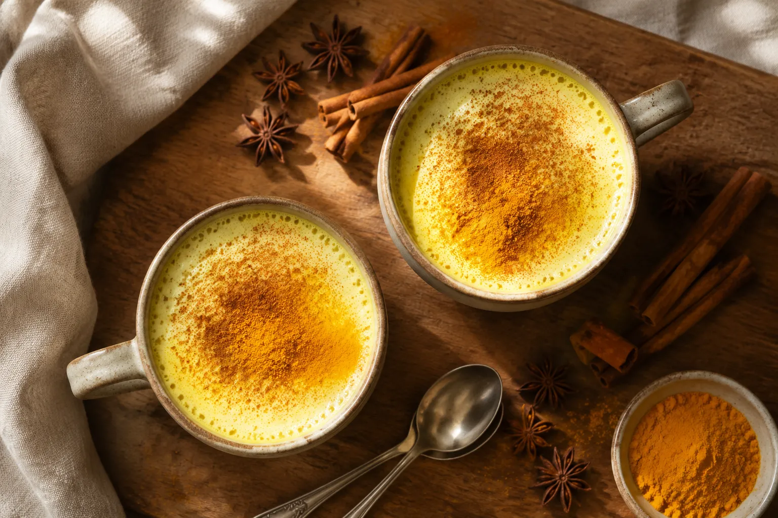 Two mugs of finished golden milk recipe topped with cinnamon