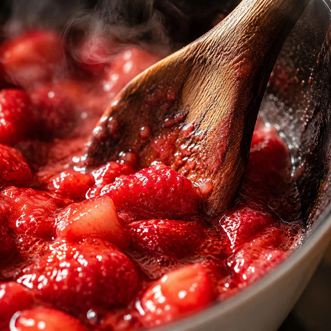 Mashing softened strawberries to thicken homemade strawberry sauce