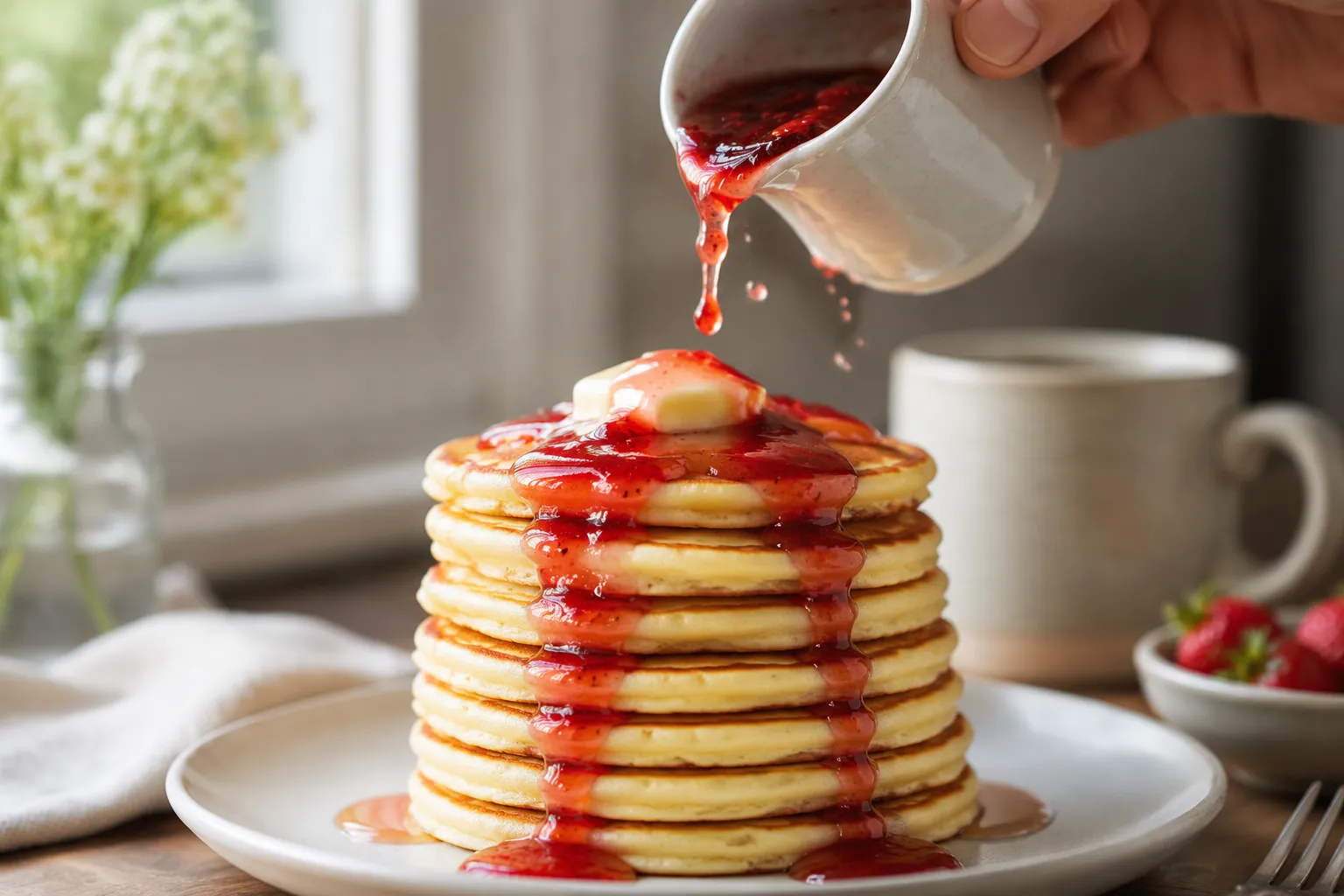 Strawberry sauce poured over fluffy pancakes for breakfast
