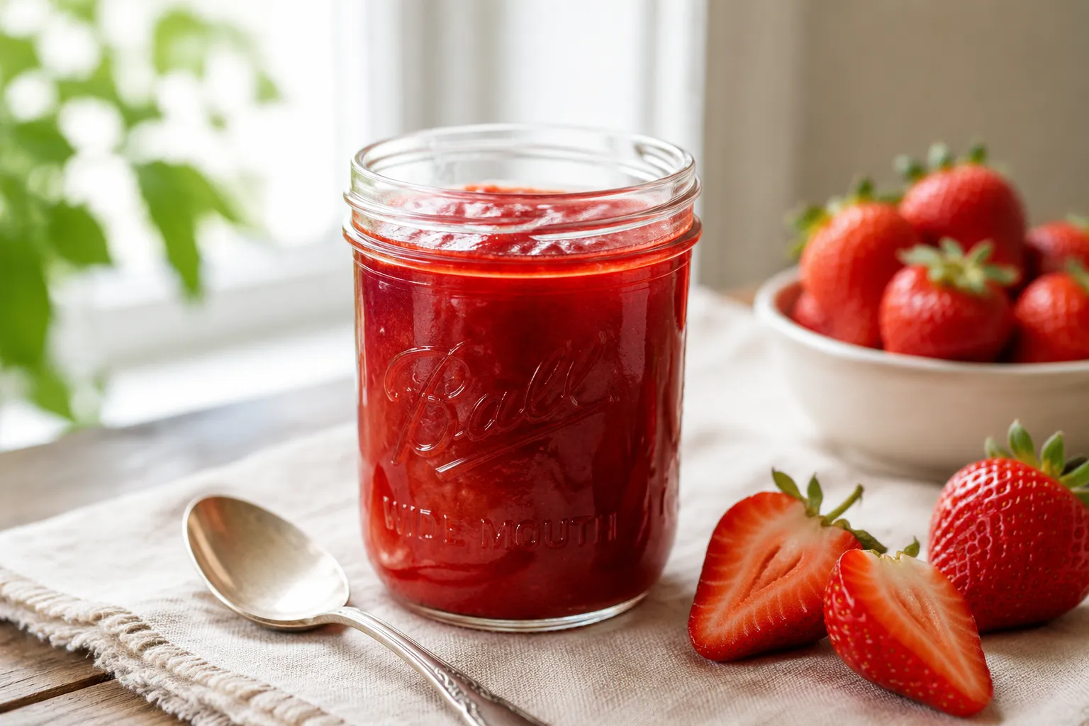 Homemade strawberry sauce in a glass jar with fresh berries