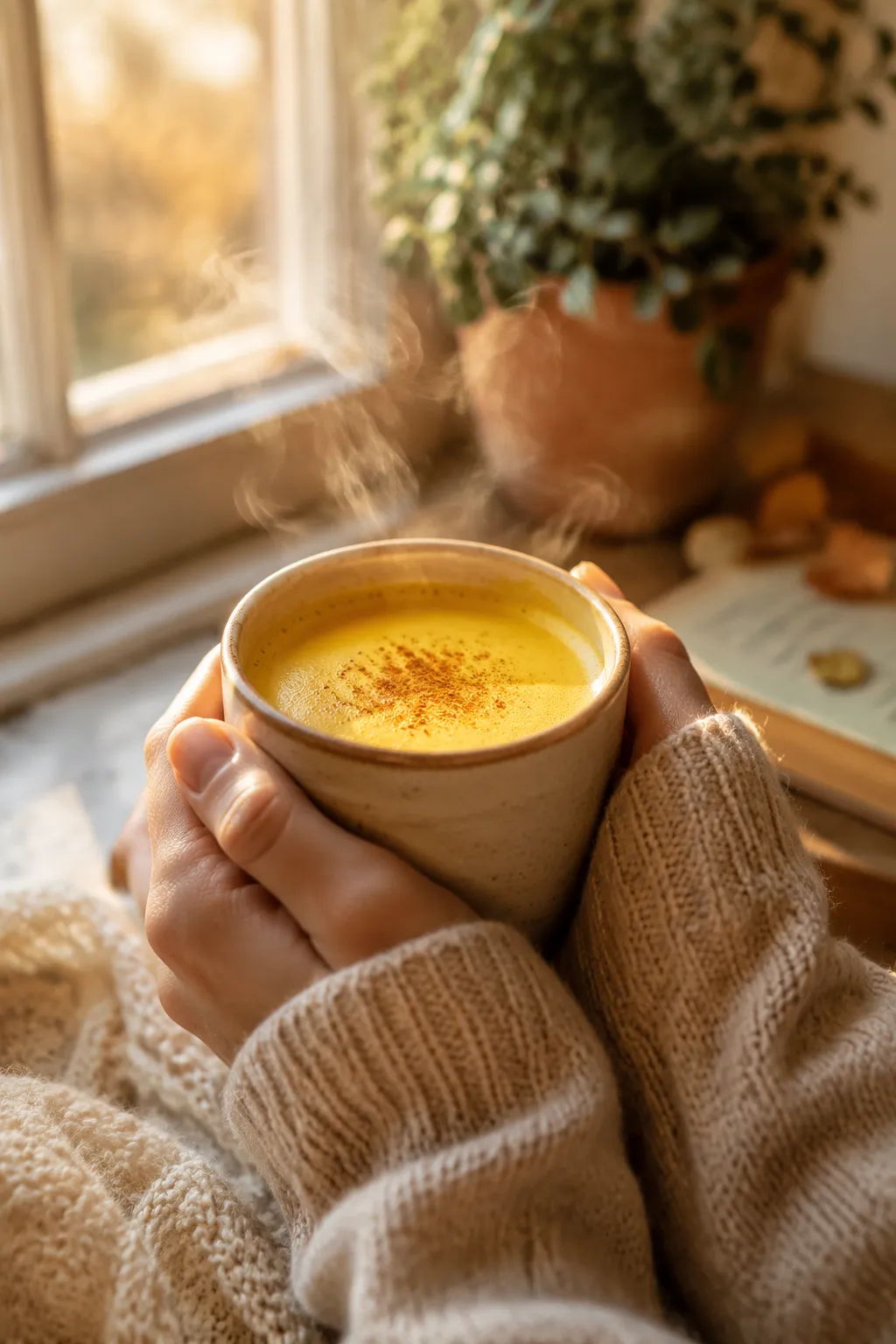 Hands holding warm mug of golden milk by window