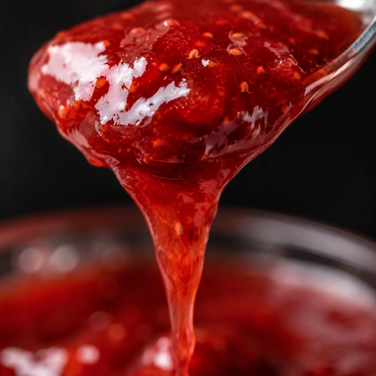 Glossy strawberry sauce dripping off a spoon showing perfect consistency