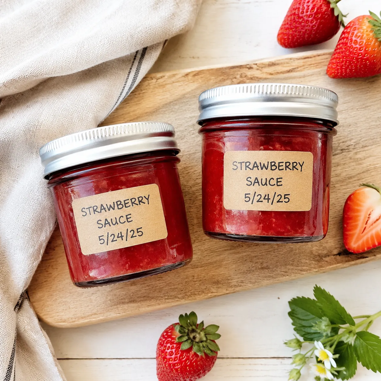 Strawberry sauce stored in jars for the fridge and freezer