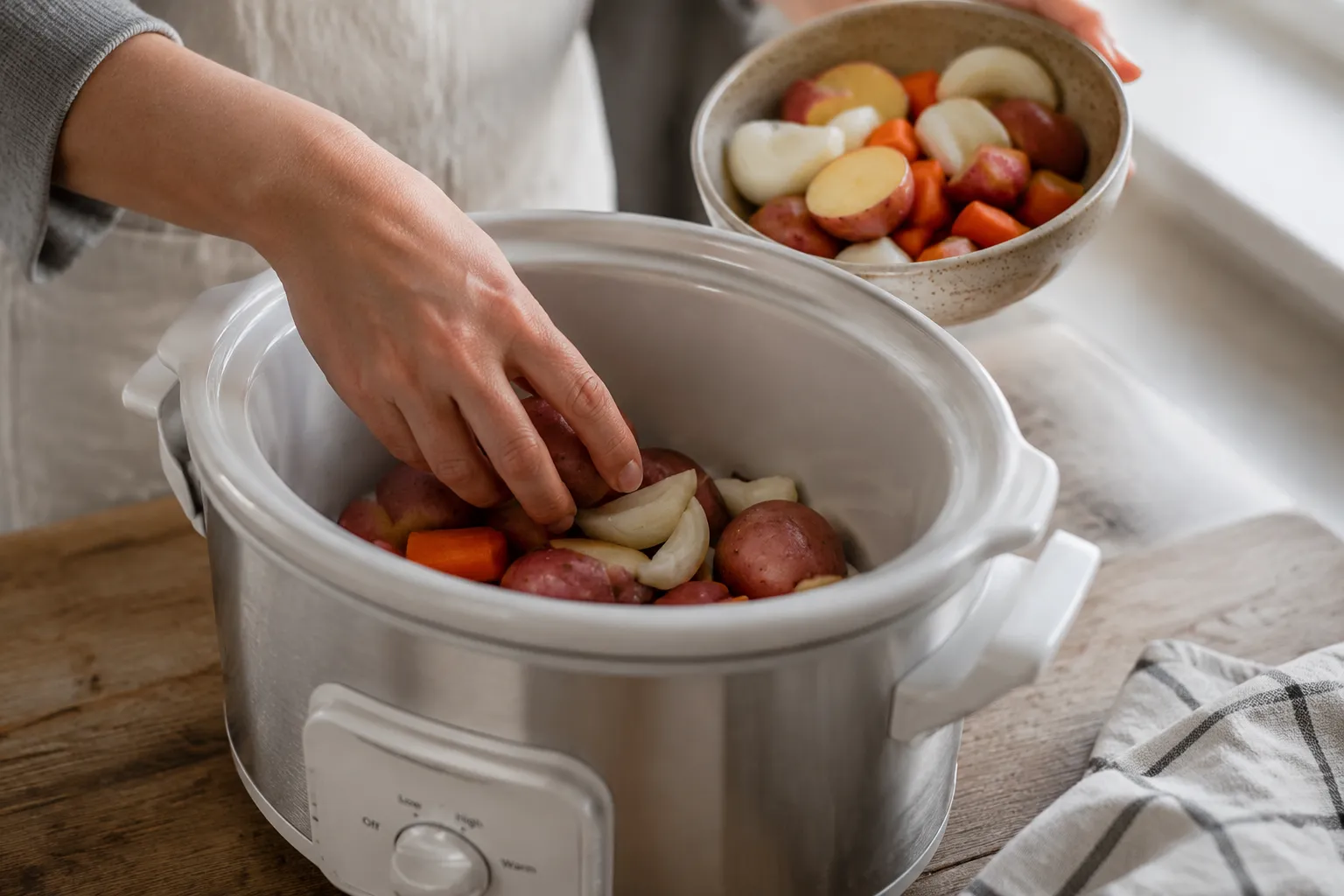 Adding potatoes, carrots, and onions to slow cooker for corned beef recipe