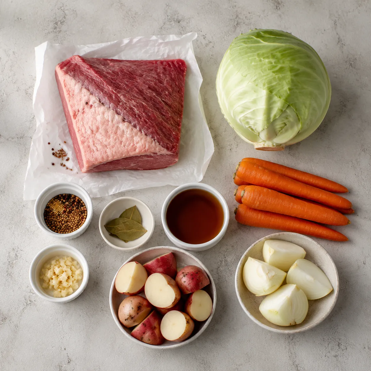 Ingredients for slow cooker corned beef and cabbage laid out on a counter