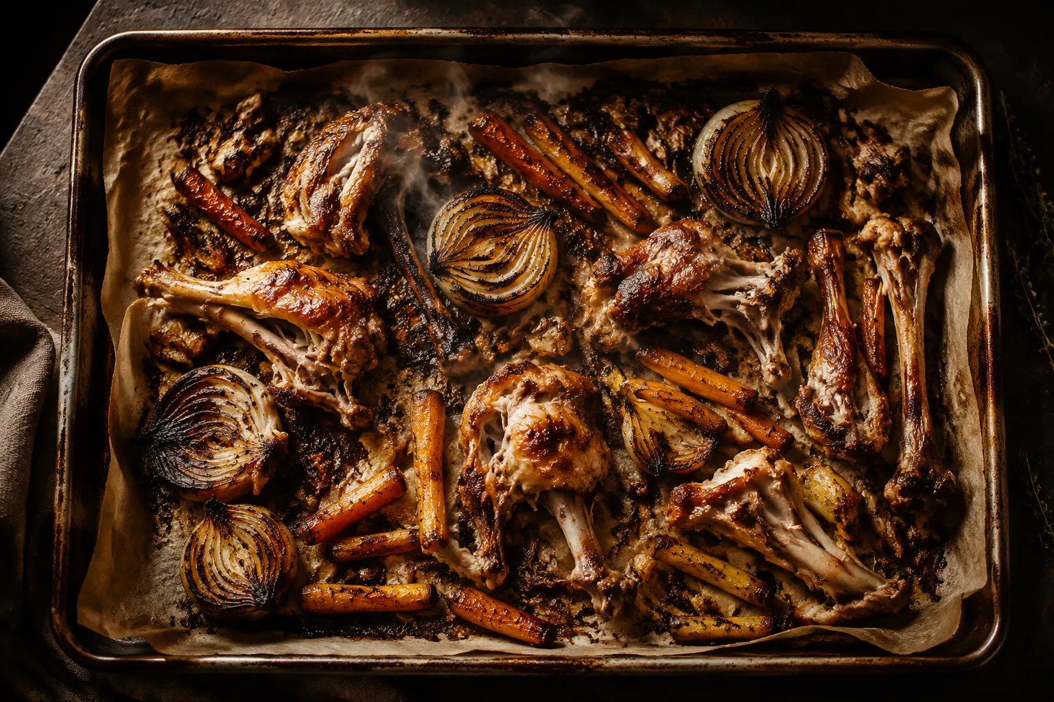 Roasted chicken bones on a sheet pan for bone broth recipe