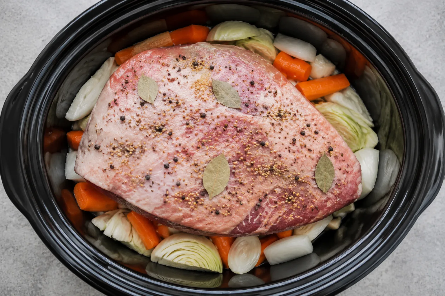 Corned beef brisket with spice packet on vegetables in slow cooker