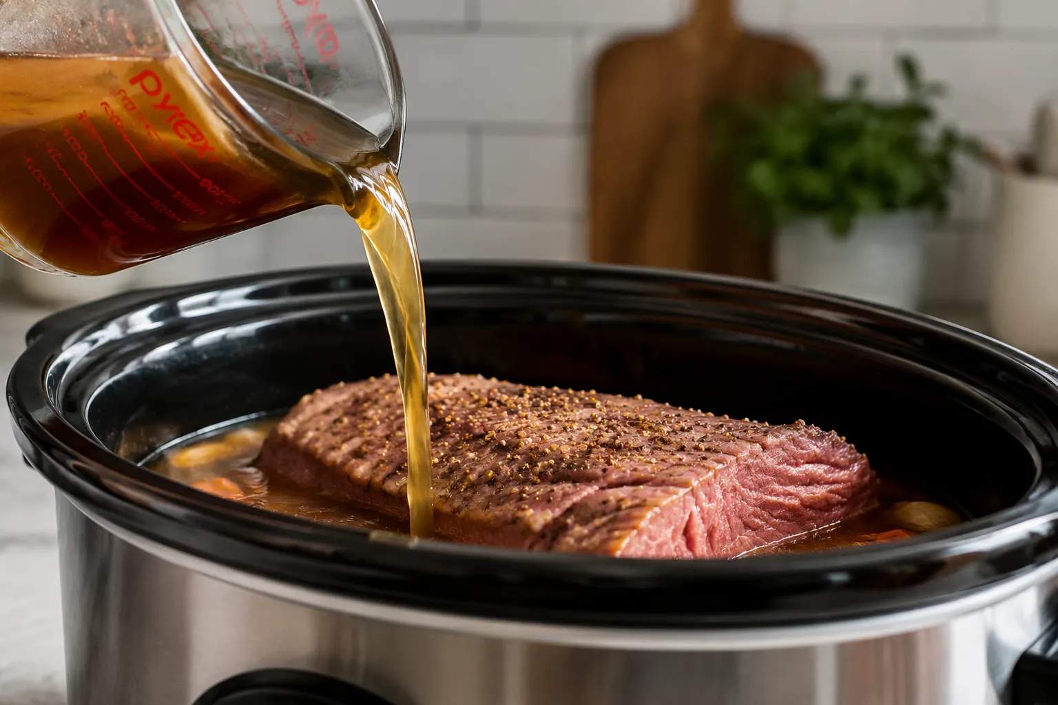 Pouring beef broth into slow cooker with corned beef brisket