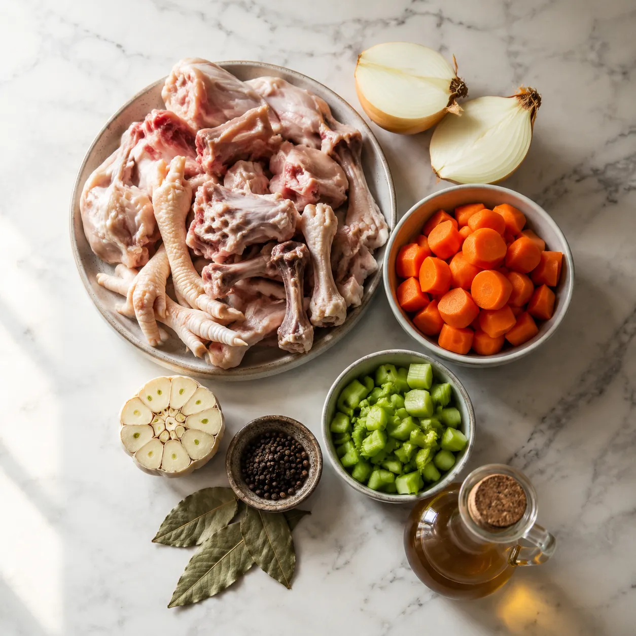 Ingredients for chicken bone broth recipe arranged on a marble surface