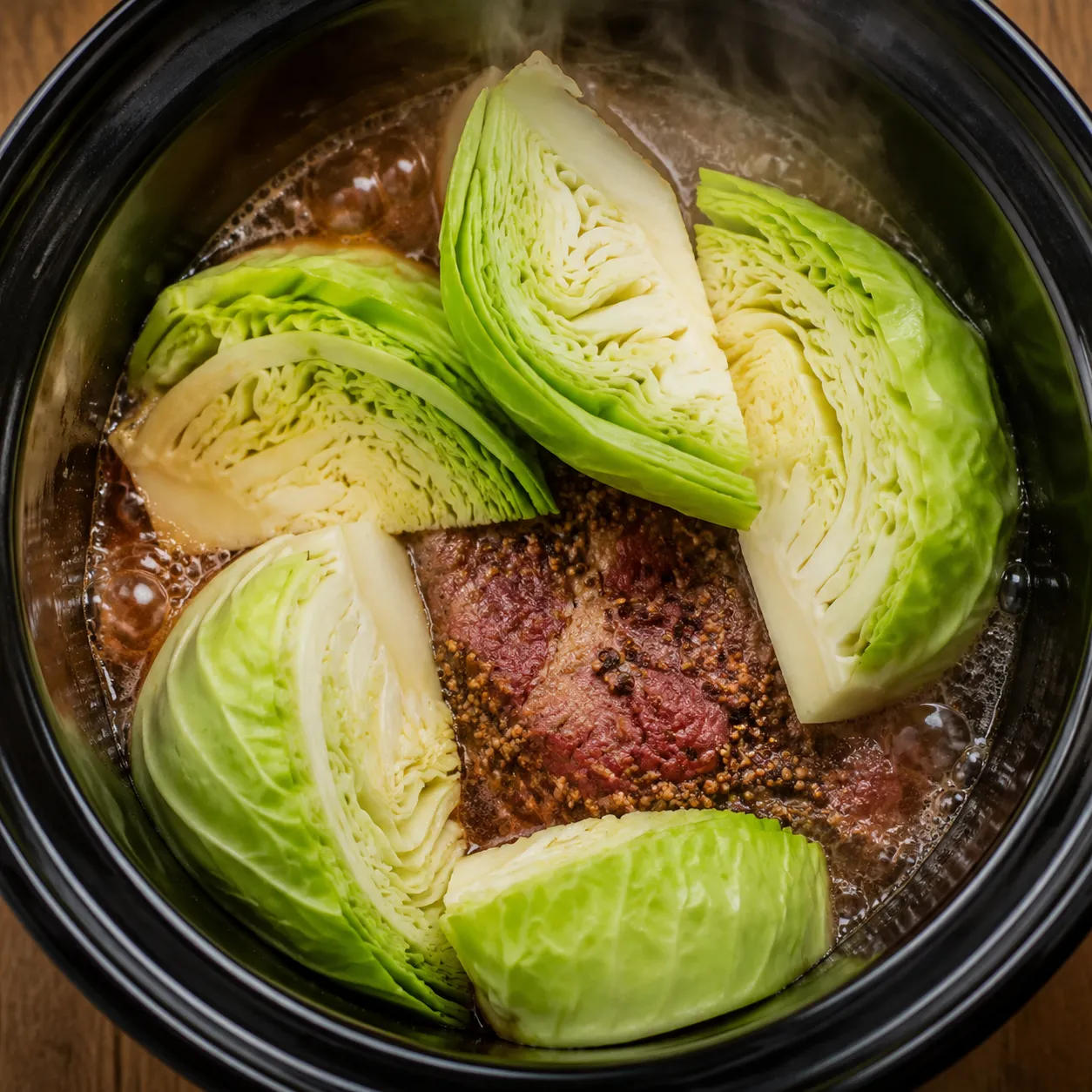 Adding cabbage wedges to slow cooker corned beef in final hour
