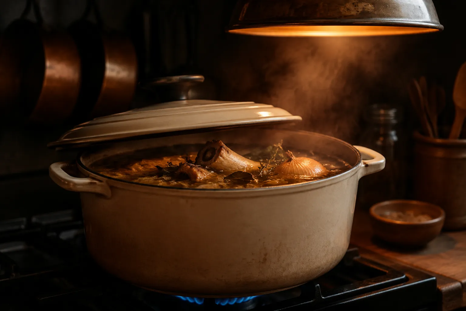 Chicken bone broth gently simmering in a stockpot
