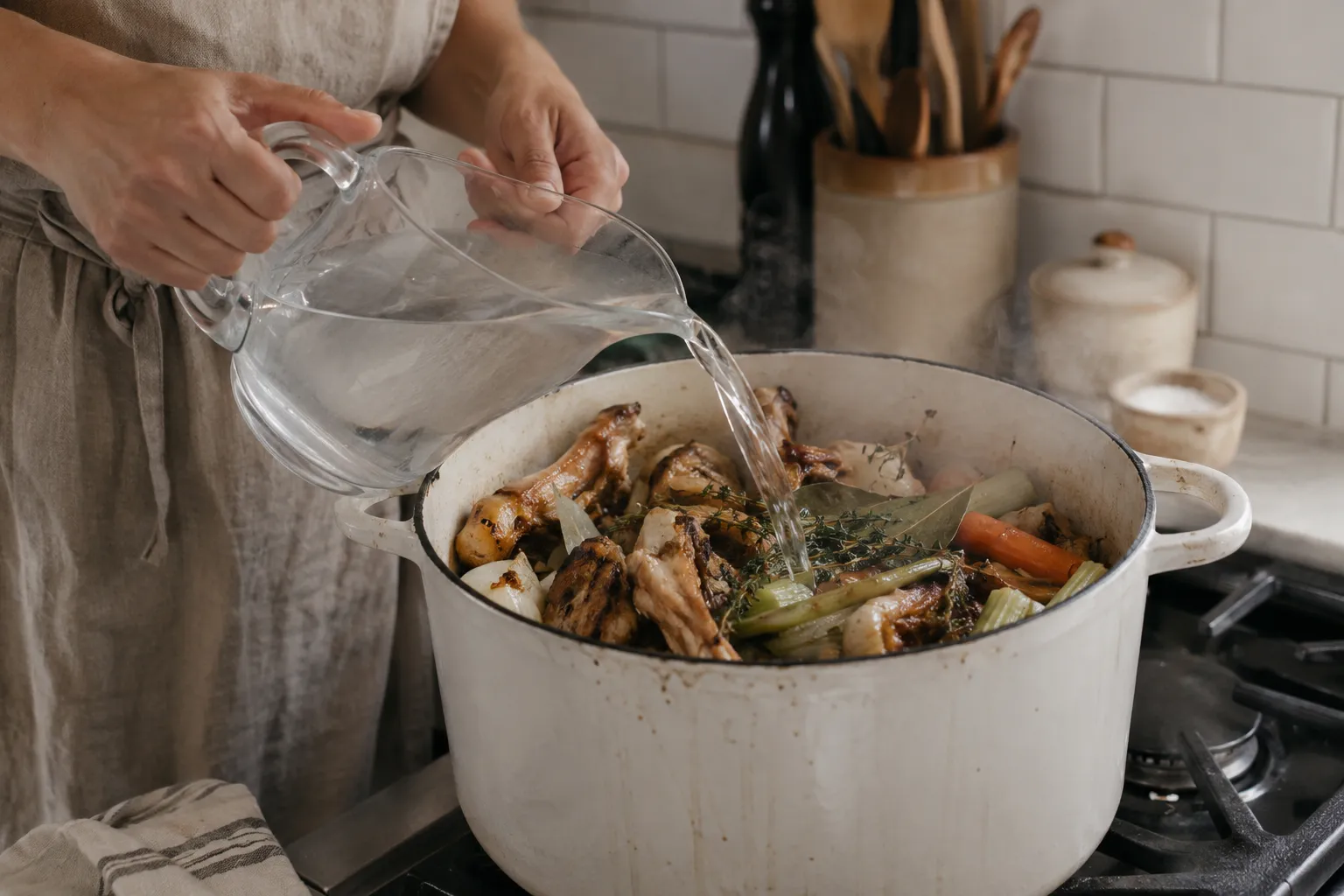 Pouring water over roasted chicken bones in a stockpot to make bone broth