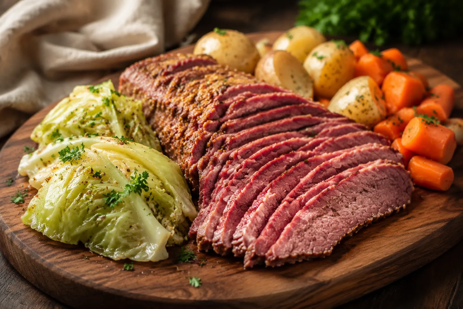 Sliced slow cooker corned beef on cutting board with cabbage and potatoes
