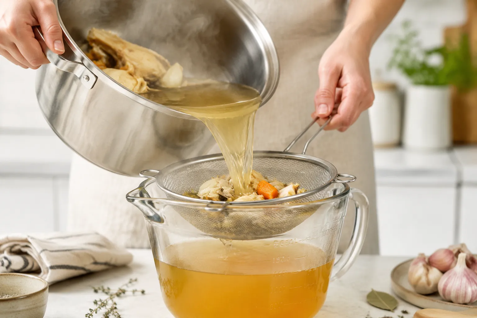Straining homemade chicken bone broth through a fine mesh sieve