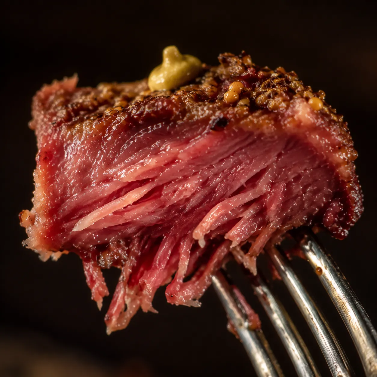 Close-up of tender slow cooker corned beef on a fork