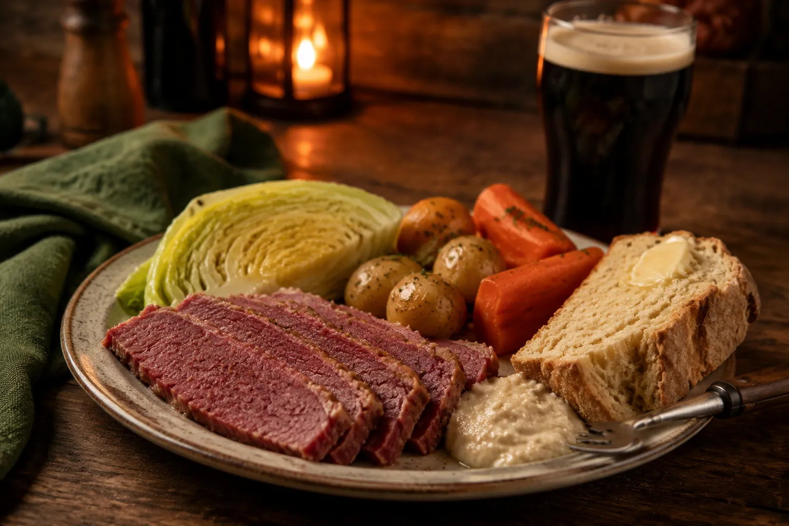 Plated slow cooker corned beef and cabbage dinner with soda bread
