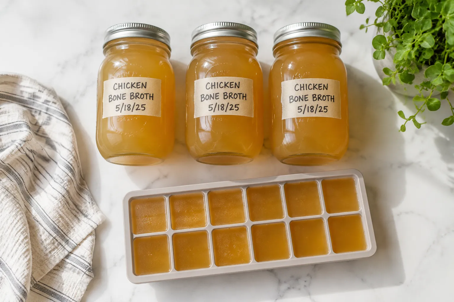 Homemade chicken bone broth stored in mason jars and freezer cubes