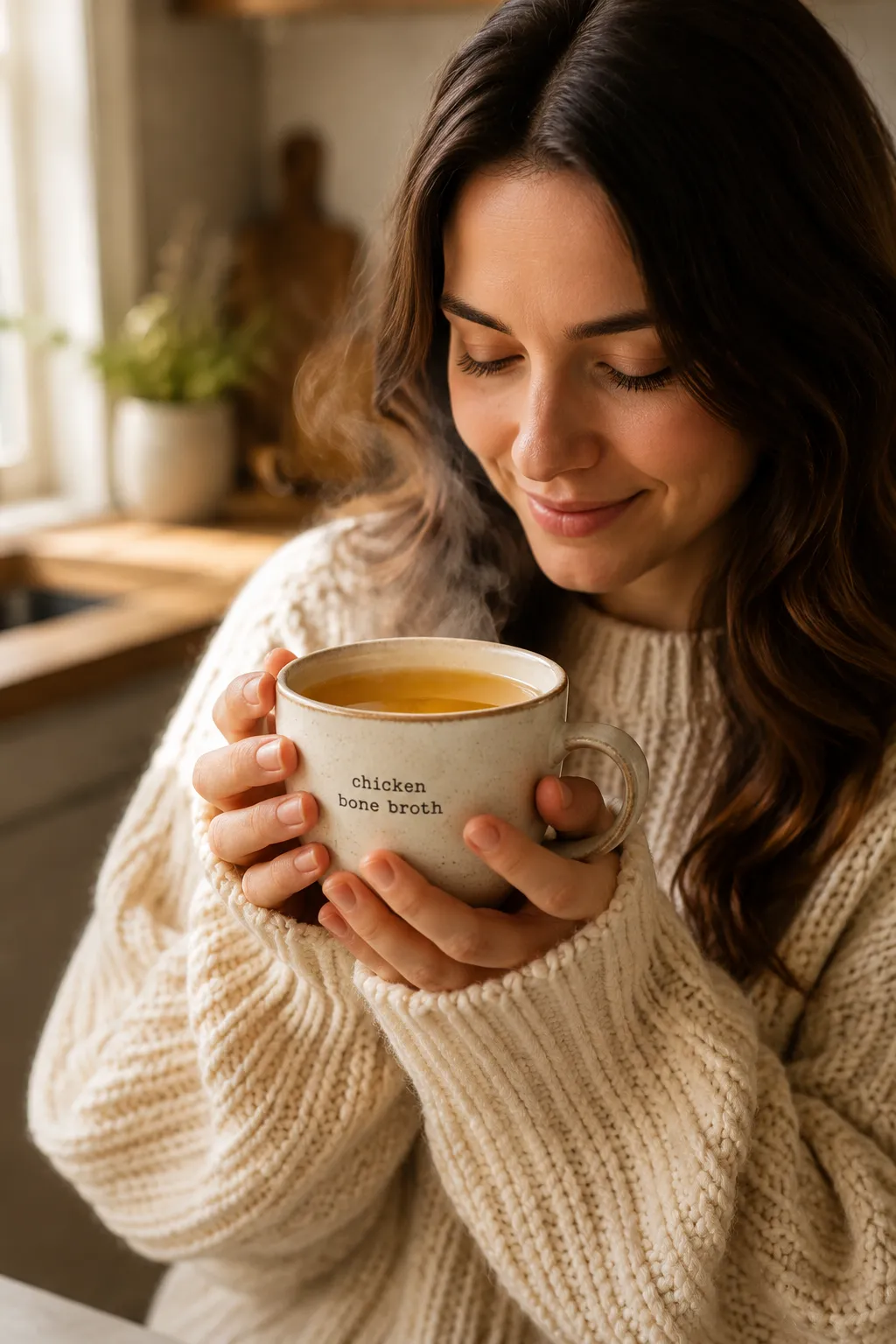 Sipping a warm mug of homemade chicken bone broth