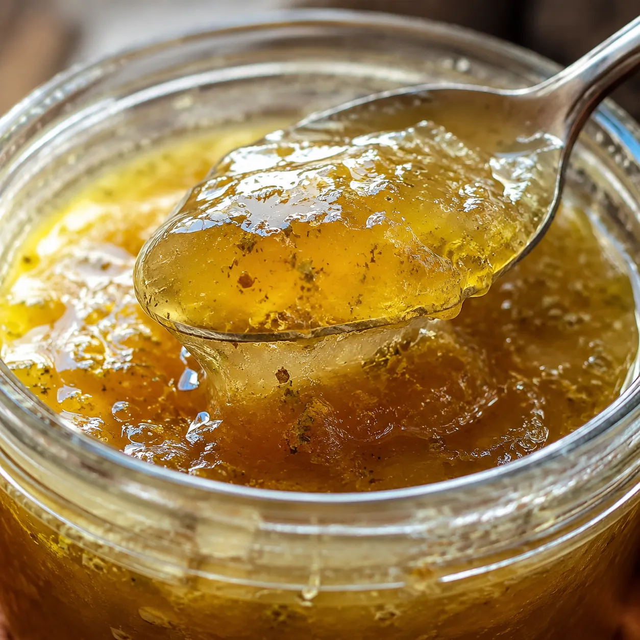 Gelatinous chicken bone broth showing jiggly texture in a glass jar