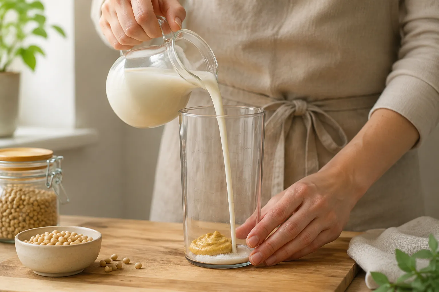 Pouring soy milk into a blender cup to start vegan mayo