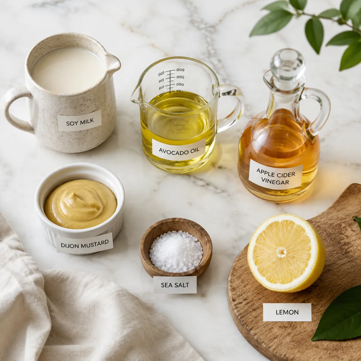 Vegan mayonnaise ingredients flatlay with soy milk, oil, mustard, and lemon