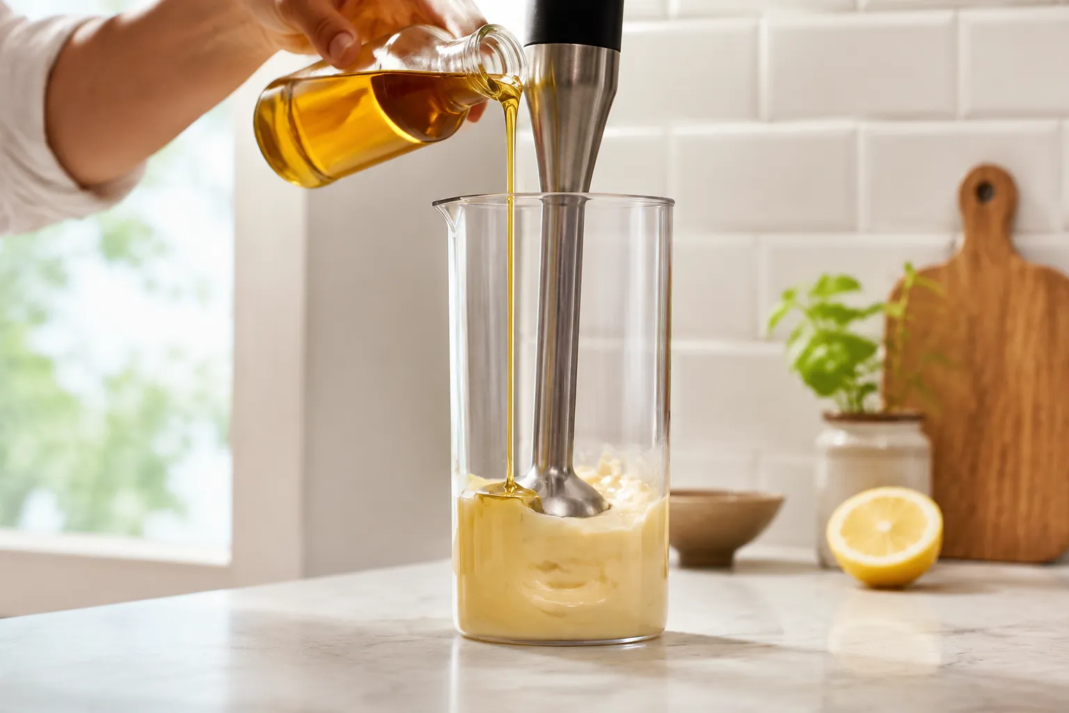 Drizzling oil into vegan mayo as it emulsifies and thickens
