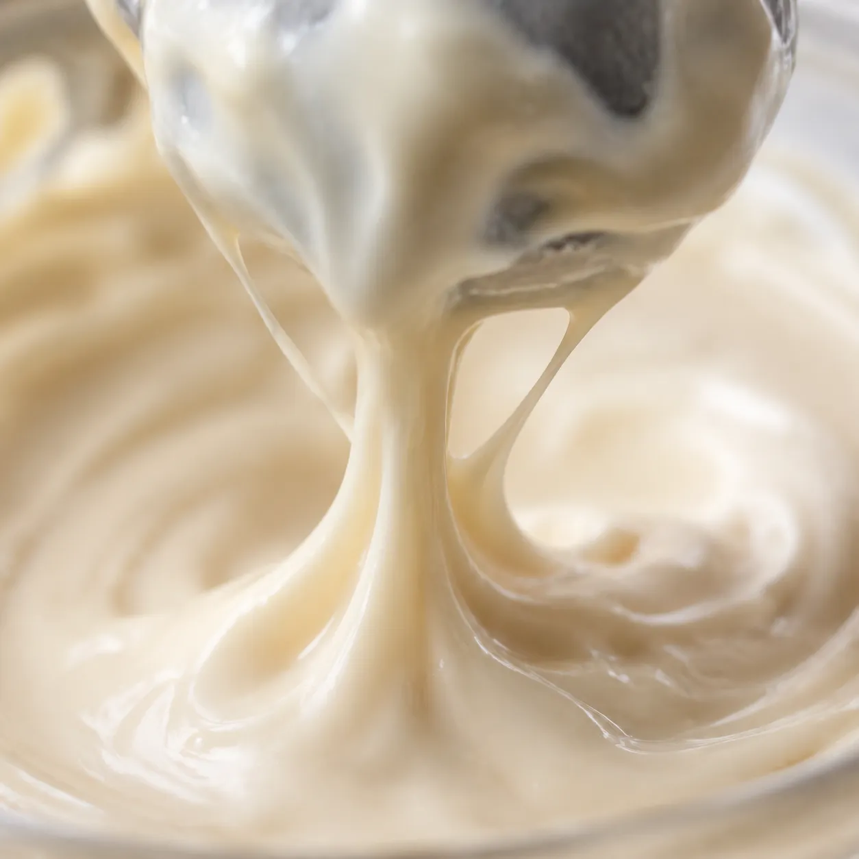 Macro close-up of thick creamy emulsified vegan mayonnaise