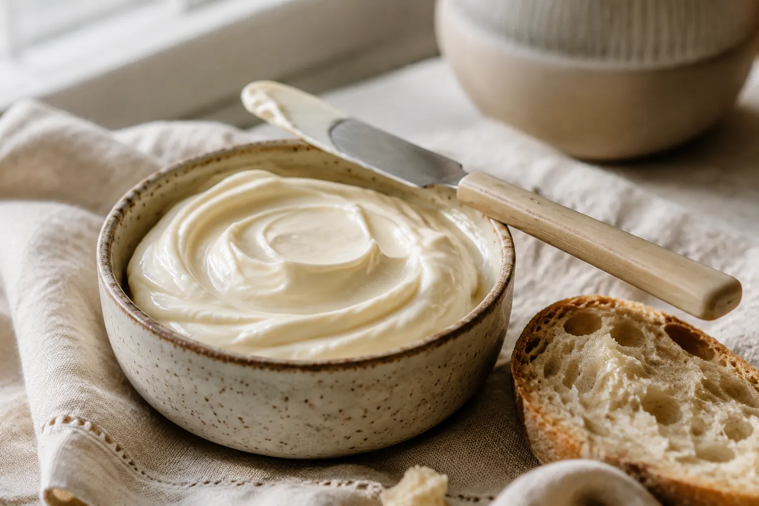 Finished vegan mayo in a stoneware bowl with crusty bread